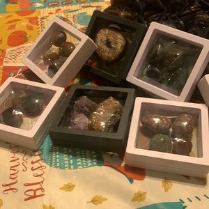 Sealed cases with beautiful types of jasper, blood stone, amethyst, and more!